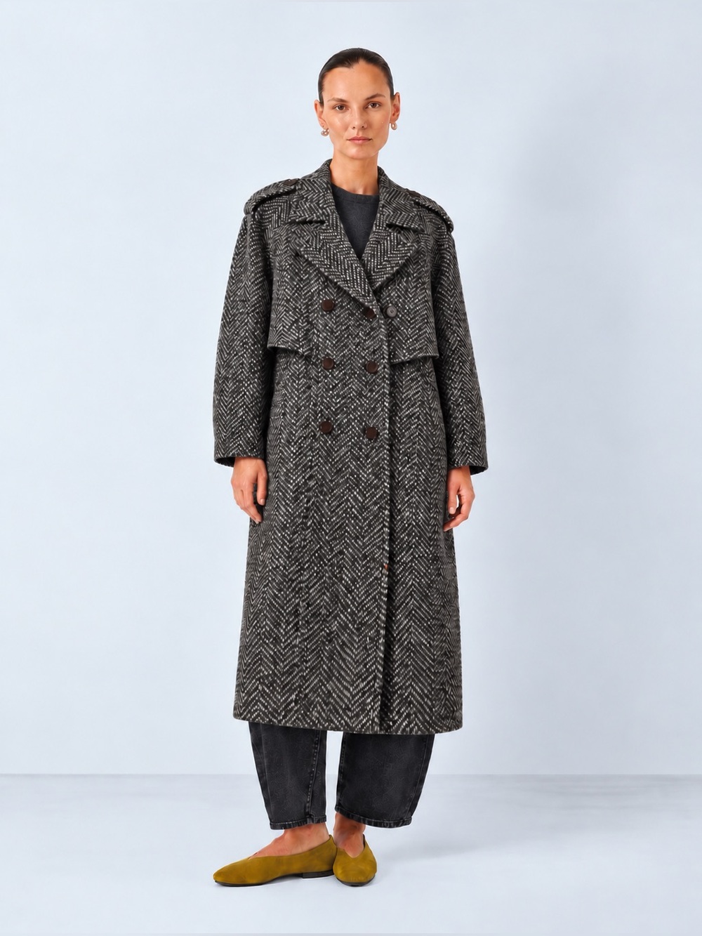VINTAGE - Multitone Herringbone Wool Coat | Double-Breasted Long Coat